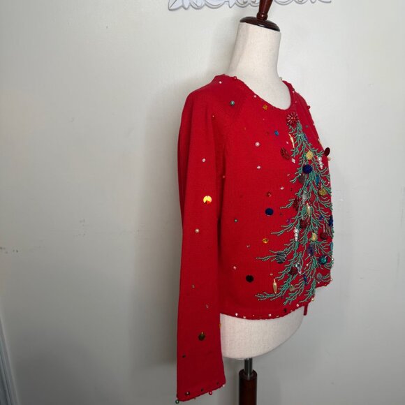 MICHAEL SIMON Women's size MEDIUM Embellished Christmas Tree Sweater RED  2000 - Picture 7 of 11